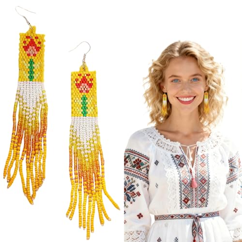 Boho Bead Earrings for Women,Handmade Long Beaded Tassel Earrings,Seed Bead Earrings for women dangling,Handmade Long Fringe Seed Bead Beaded Dangle for Woman Girls (Yellow)