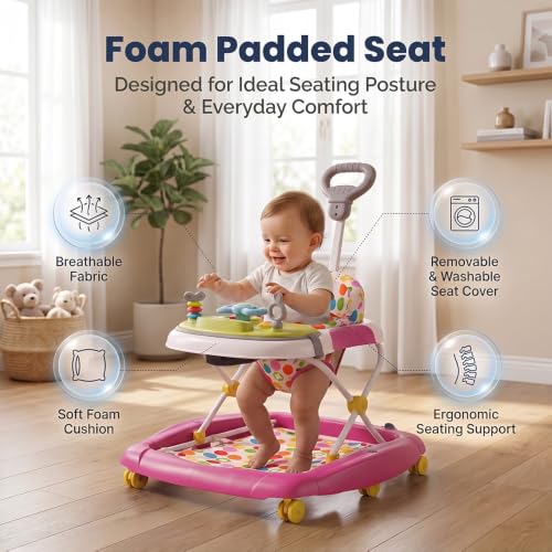Image of StarandDaisy Baby Walker for Kids with Parent Push Handle, Joyhop 4-in-1 Foldable Activity Walker, Musical Toy Tray, Adjustable Height, Anti-Fall Safety Stopper, Baby Walking Trainer (Pink)