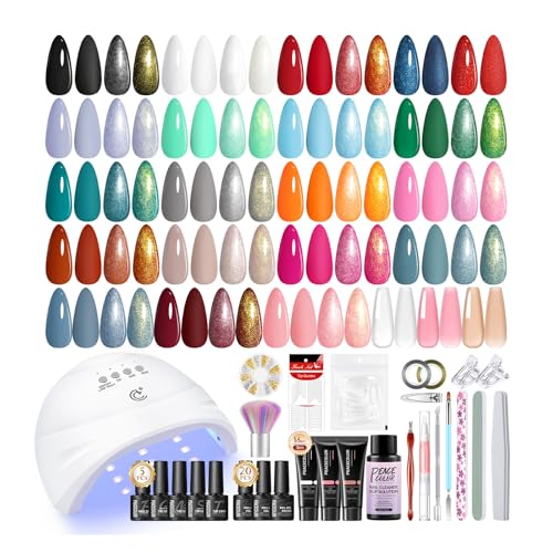 PEACECOLOR 47PCS Gel Nail Polish Kit with U V Lamp, Gel Nail Polish Set Starter Kit 23 Colours Black Red Green Glitter White Soak Off Gels Polish, 5Pcs Top Base Coat Manicure Tools Gifts for Women