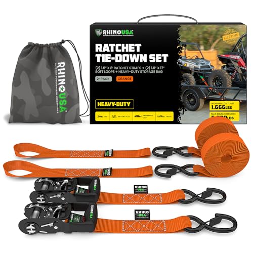 Image of Rhino USA Heavy Duty Ratchet Tie Downs (2-Pack) - 1.6in x 8ft, 5,000lb