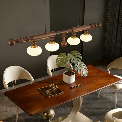 Image of Wood and Globe Linear Chandelier Wooden Farmhouse Dining Room Light Fixture Rustic 4-Light Linear Kitchen Island Lighting Mid Century Modern Globe Hanging Pendant Light with Milk Glass Lampshade