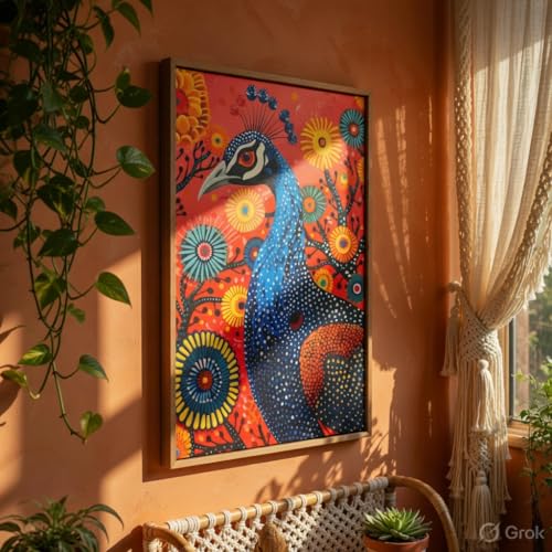 Image of Livin'luxe Colorful Peacock Folk Art Wall Painting with Wooden Frame | Vibrant Bird Artwork HD UV Laminated MDF Wall Decor | Modern Peacock Floral Art for Living Room Bedroom Home Decor