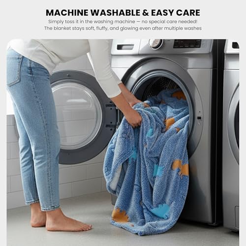 Image of Glow in The Dark Dinosaur Blanket for Kids, Blue | 240 GSM Premium Polyester Fleece, Ultra Soft Lightweight Cozy Throw, 200 x 150 cm, For Boys, Girls, Bed Sofa Travel