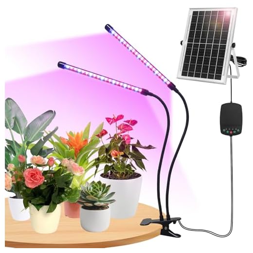 Solar Grow Lights with Batteries, 2 Heads Clip Plant Growing Lamp with Red Blue Spectrum for Indoor Plants, 3/9/12H Timer, 3 Dimmable Level, Adjustable Gooseneck,3 Switch Modes, Auto On Off