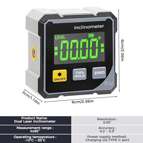 Digitaler Winkelmesser mit Laser, 4-Seitig Magnetisch Neigungsmesser mit LCD-Display,Type-C Schnittstelle IP54 Wasserdicht,±0,1° Präzision Wasserwaage für Holzarbeiten Dekoration Bau DIY