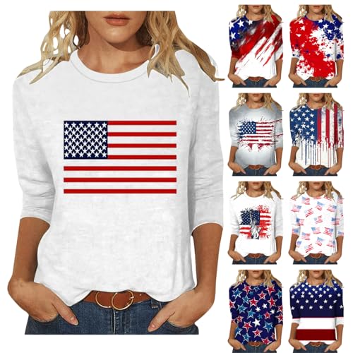 Image of Fourth of July Shirts for Women 3 /4 Sleeve Summer Tops American Flag Print T Shirt Patriotic 4th of July Shirts 2025