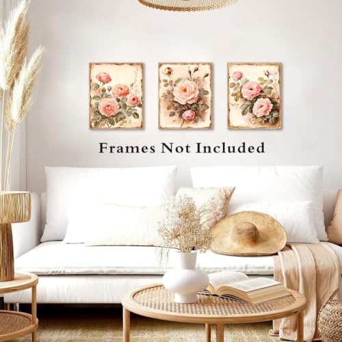 Image of Vintage Flowers Canvas Wall Art Pink Rose Wall Decor,Dark Academia Botanical Wall Art,Retro Floral Valentine Pictures Farmhouses Decor for Home Office Flower Artwork Set of 4 (8''X10''Unframed)
