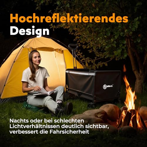 Bollerwagen faltbar 120L Bis 120KG Strandwagen Klappbar mit Regenschutz, Becherhalter, Reflektorstreifen, Faltbarer Bollerwagen Für Hunde, Einkaufen, Camping, Strand, Transport, Outdoor