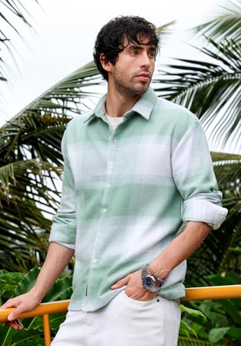 Image of CAHOOT Men's Vignette Checkered Oversized Shirt | Spread Collar, Long Single Button Cuff Sleeves | Button, Straight Hem| Light Pistachio:Cream White