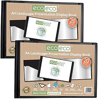 eco-eco A4 50% Recycled 20 Pocket Black Landscape Presentation Display Book, Storage Case Portfolio Art Folder with Plastic Sleeves, (Pack of 2), eco095x2