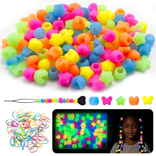 100Pcs Silicone Hair Beads for Kids Glow in the Dark Mix Shapes Soft Colorful Rubber Pony Beads for Hair Braiding Bracelet Making DIY Jewelry Crafts Keychains with Rubber Band and Quick Beader