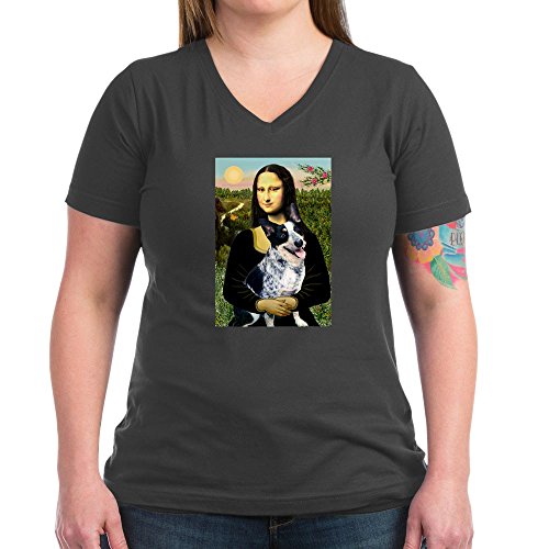 CafePress Mona Lisa/Cattle Dog Women's V Neck Dark T Shirt Womens Cotton V-Neck T-Shirt Charcoal