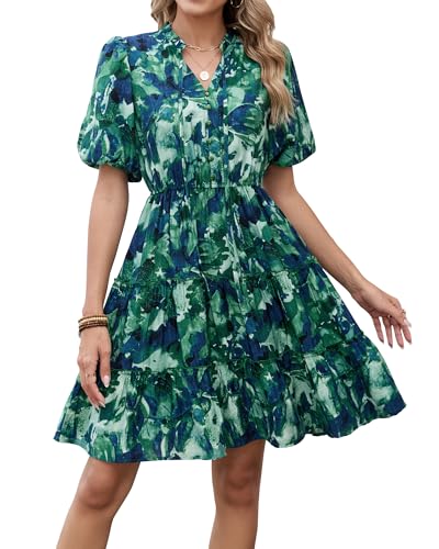 Image of BTFBM Women Summer Floral Short Dresses V Neck Short Sleeve Tiered Ruffle Boho Swing Dress A-Line Mini Dresses