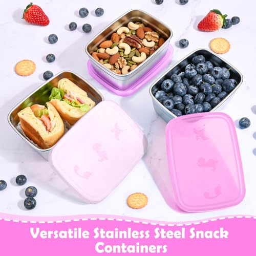 Image of Tanjiae 3-Pack Stainless Steel Snack Containers for Kids & Toddlers - 550ml (18oz) Leakproof Colorful Lids with Cute Dinosaurs | LFGB Certified, Stackable Metal Lunch Box for Daycare, School, Travel