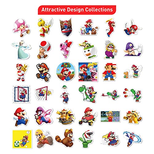 Image of FlyBuyHub Super Mario Aesthetic Vinyl Journal Stickers for Phone Case, Laptop, Notebook, Water Bottle, etc. Set of 50 Glossy and Waterproof Stickers