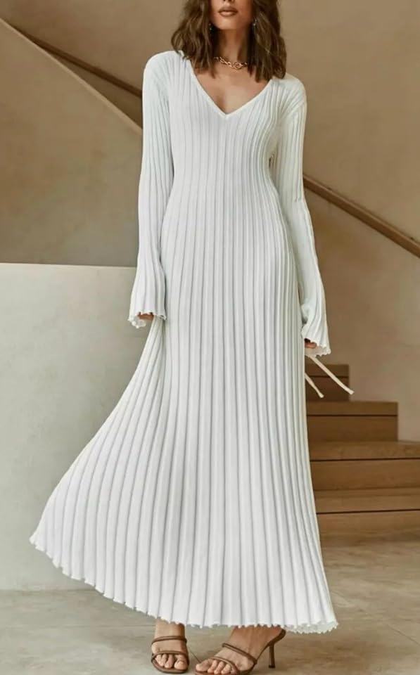 Image of Women's Long Knit Crewneck Sweater Dress Tie Waist A-Line Swing Pleated Bodycon