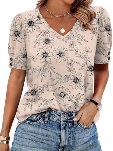 Image of OFEEFAN Womens Tops Short Sleeve Shirts Buttons V Neck Spring Fashion Summer Outfits Plus Size Blouses Dressy Casual