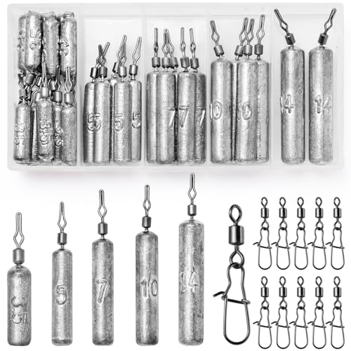 VEPEPE 30 Pcs Drop Shot Weights with Swivel Ring, 5 Sizes Mixed Small Cylinder Sea Fishing Weights 3.5g 5g 7g 10g 14g Anti Rust Sinkers, for Saltwater Freshwater River Carp Fishing