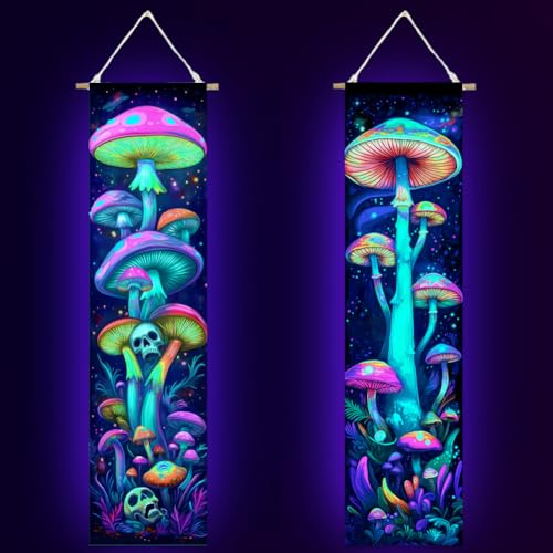 ACRNIGHEET Pack of 2 Tapestry Mushroom Blacklight Tapestry UV Reactive Poster Black Light Tapestries Mushroom Aesthetic Room Hanging Backdrop for Bedroom Home Decoration