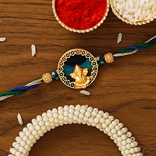 Image of eCraftIndia Red Blue Round Designer Rakhi for Brother Bhaiya Bhai | Roli Chawal Pack | Rakhi Combo