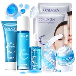 Collagen Skincare Set for Women – 7 Pieces Face Care Kit with Cleanser, Toner, Serum, Eye Cream, Face Cream & Masks