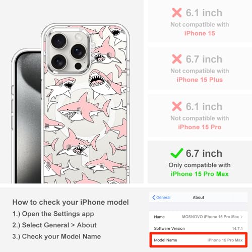 MOSNOVO Case for iPhone 15 Pro Max, [Compatible with Magsafe] [Buffertech 6.6ft Military-Grade Drop Protection] [Anti Peel Off Tech] Clear Phone Case Design - Pink Sharks by MOSNOVO - Image 2