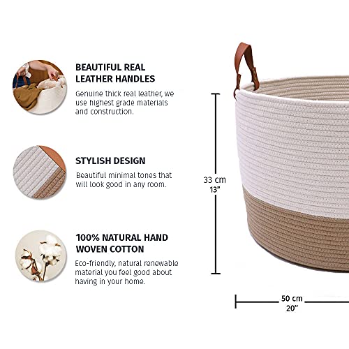 Organihaus White Extra Large Blanket Basket For Living Room 20X13 | Woven Baskets With Leather Handles | Cotton Rope Basket For Storage | Woven Laundry Basket | Large Storage Basket & Blanket Bin #TOP1