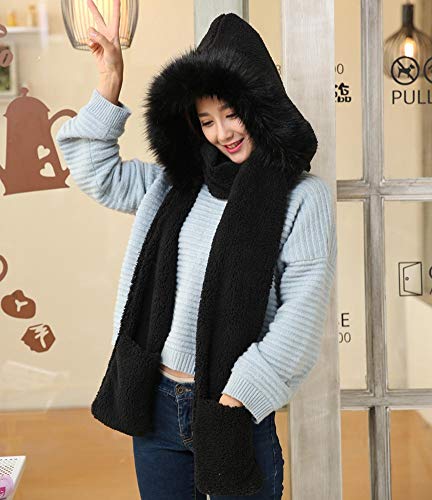 Winter Warm Women Siamese Hoodie Gloves Pocket Earflap Hat Long Scarf Shawl Wraps4