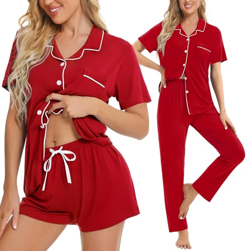 Image of SWOMOG Womens 3pcs Button Down Pajamas Set Short Sleeve Sleepwear Bride Pj Lounge Set with Long Pants
