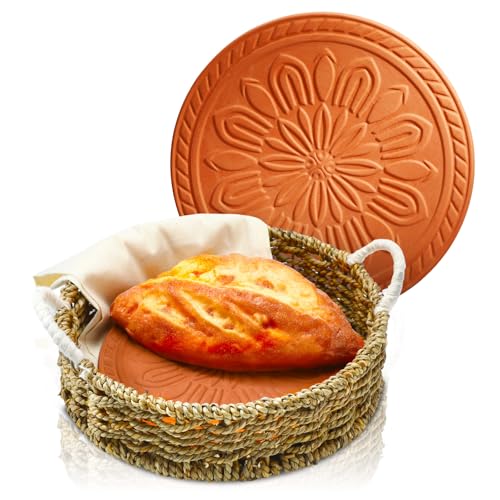 Bread Warmer Basket with 7.87'' Stone Tortilla Warmer 9.45'' Bread Baskets for Serving Mexican Terracotta Round Heating Plate Circular Rustic Bun Heat up Mat for Mexican Taco, Sourdough Buns