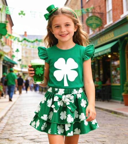 Image of Girls Skirt Set 2 Piece Outfit Toddler Summer Clothes Ruffle Sleeve T-Shirt Bow Knot Tutu Skirt Outfit Set