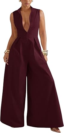 Verdusa Womens Zip Up Wide Leg Jumpsuits Dressy Formal One Piece Jumpsuits
