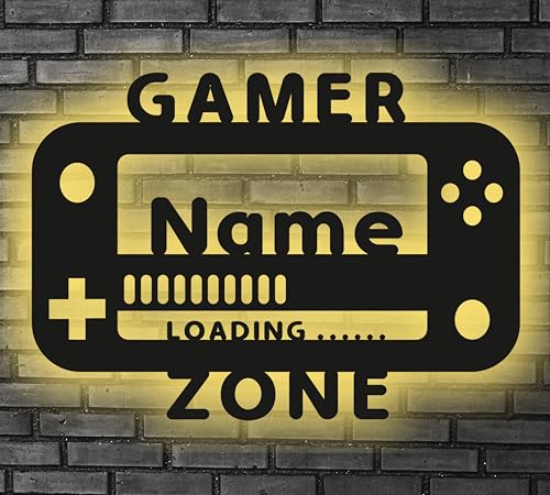 WALUNA® Gaming Geschenk Led für Gamer Game Zone Modernes Geburtstagsgeschenk Deko Zubehör für Gaming Zimmer - RGB Gaming USB personalisiert mit Name Deko in 12 Holzfarben (G03)