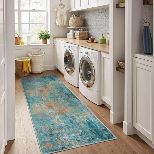 Washable Area Rugs 2'x6' Non-Slip Modern Abstract Soft for Living Room Entryway Bedroom Nursery, Print Pattern, Teal Blue Green Orange Rust Red Colorful