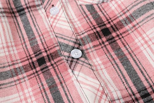 Image of SANGTREE Women and Girls Oversized Flannel Plaid Shirt Mid-Length Casual Button Down Shirt with Pockets