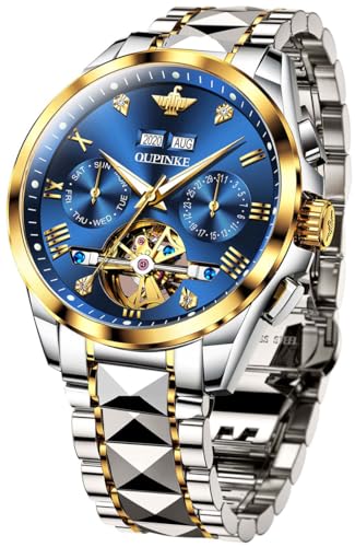 OLEVS Automatic Watch for Men Skeleton Tourbillon Watches Self Winding Blue and Gold Watches Two Tone Gold Mens Watches Sapphire Crystal Luxury Waterproof Luminous Mens Watches