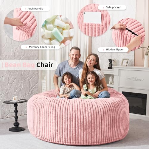 Image of HABUTWAY 6FT Bean Bag Chair, 6' Large Bean Bag Chairs for Adults with Removable Stripe Plush Cover, Memory Foam Beanbag Chair for Living Room Bedroom Dorm,Tender Pink