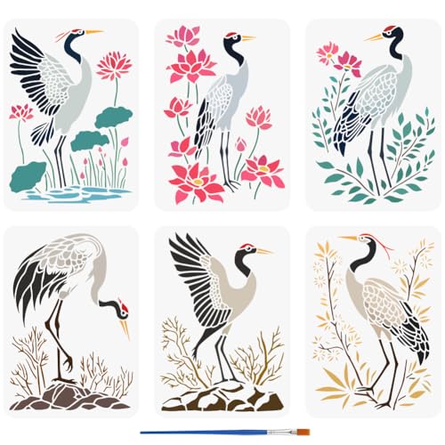FINGERINSPIRE 6Pcs Pochoir de Peinture de Grues Avec 1 Pinceaux en Plastique 21X29.7cm Motif de Fleurs de Lotus Feuilles Pierres Pochoir Grue Oiseau pour Bois...