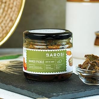 Barosi Mango Pickle 300gm | Traditional Recipe, Handmade with Mustard Oil & Rock Salt | Low Oil, No Artificial Preservatives | Tasty Aam Ka Achar | Glass Jar