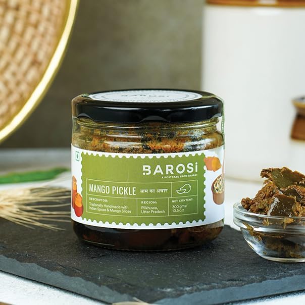 Barosi Mango Pickle 300gm | Traditional Recipe, Handmade with Mustard Oil & Rock Salt | Low Oil, No Artificial Preservatives | Tasty Aam Ka Achar | Glass Jar