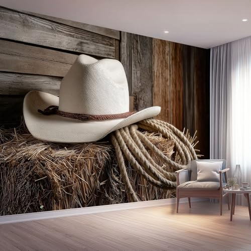 Papel Tapiz Fotográfico Retro Papel Pintado Murales Póster Beige Sombrero De Vaquero Pajar Fotográfico Para Dormitorio Salón Tv Pared 300 x 210 cm