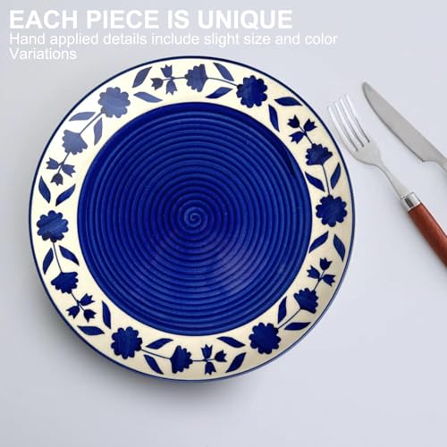 Image of Freakway Floral 'Blue and White Plate Pair' Handpainted Plates in Ceramic 10 Inches, Set of 6, Dishwasher & Microwave Safe