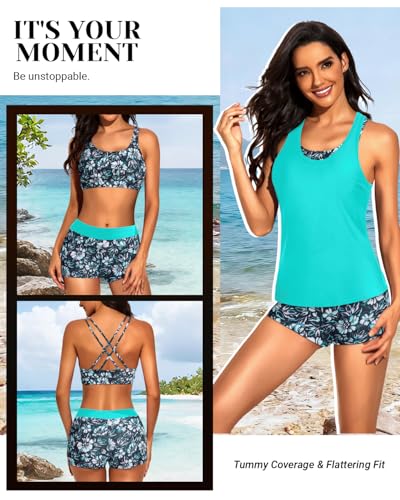 Image of Tempt Me 3 Piece Tankini Swimsuits for Women Athletic Bathing Suits Swim Tank Top with Boy Shorts and Bra Modest Swimwear