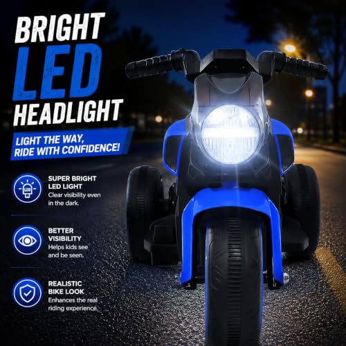 Image of MEKASHI 6V Electric Ride-On Bike for Kids | Turbo Blue | Battery Operated Motorcycle with Bluetooth Music, LED Headlight, Foot Accelerator & Training Wheels | Ride-On Toy for Boys & Girls 1-4 Years