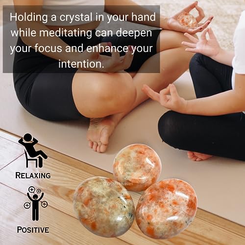 Image of Certified Sunstone Crystal Palm Pebbles Stones for Anxiety Stress Relief Massage - AAA Grade Original Healing Gemstone Agate Palm Stone for Yoga Meditation Spiritual Reiki Feng Shui
