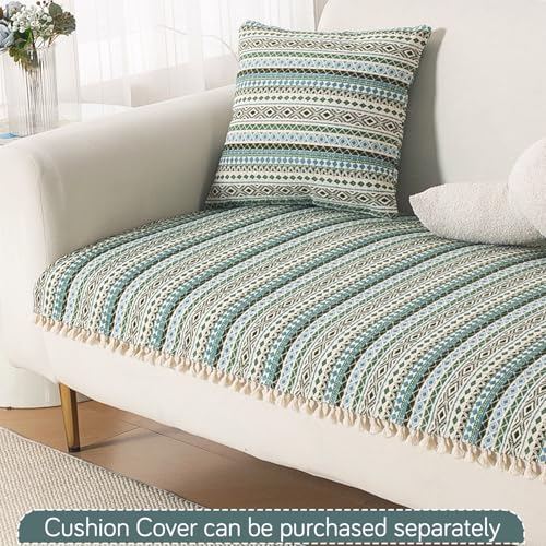 Image of HOKIPO L Shape (2+2 Seater) Sofa Cover Seat Mat | 300 GSM Cotton Acrylic Jacquard Fabric with Tassel, 'Trivana Series' Olive Green (IN-934+935-J1)