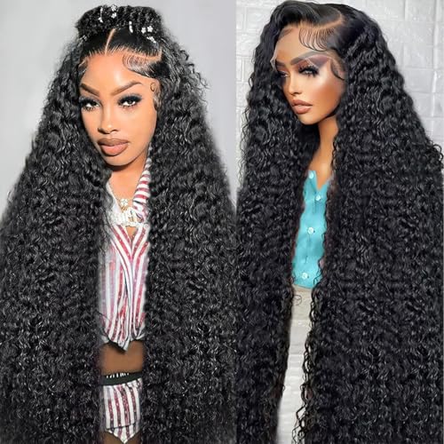 Image of Nsvnsv 13x6 Deep Wave Lace Front Wigs Human Hair Wigs for Women 180% Density HD Transparent Deep Curly Lace Frontal Wigs Human Hair Pre Plucked with Baby Hair Natural Color 32 Inch