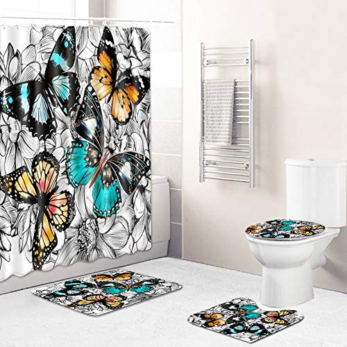 YXZN 4-teiliges Duschvorhang-kit, Rutschfester Teppich, Polyester, Rosa Einhorn-duschvorhang, Antibakteriell, Wasserdicht, Schimmelresistent (H, 45 * 70CM)