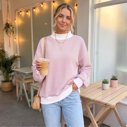 Mock Neck Sweatshirt for Women Striped Oversized Lightweight Sweat Shirt - image 3