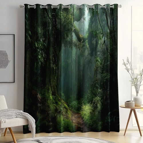 Cortinas Opacas Selva Misterioso Verde 75An X 166Al Cm (2 Paneles), Cortinas Térmicas Aislantes Frío Calor Reduccion Ruido Proteccion Intimidad para Hogar & Dormitorio Infantil